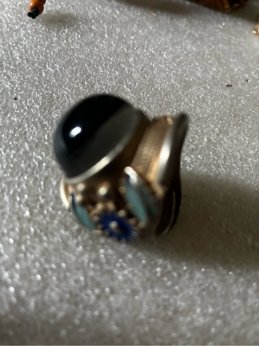 Antique Asian Sterling Silver mood Stone enamel Floral Ring